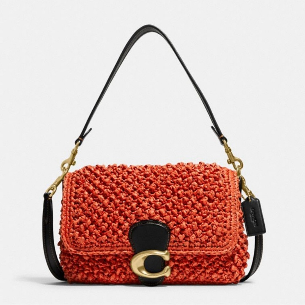 NWT Coach Soft Tabby Shoulder Bag in Straw & Smooth Leather CA032 in Red Orange